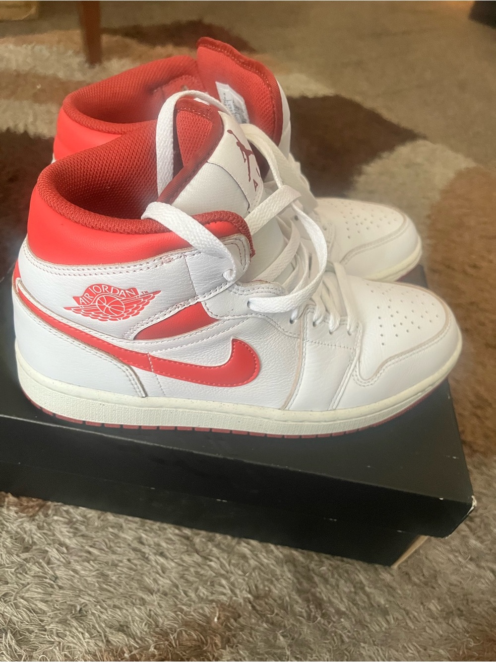 Air Jordan 1 Mid White and Red Basketball Sneakers